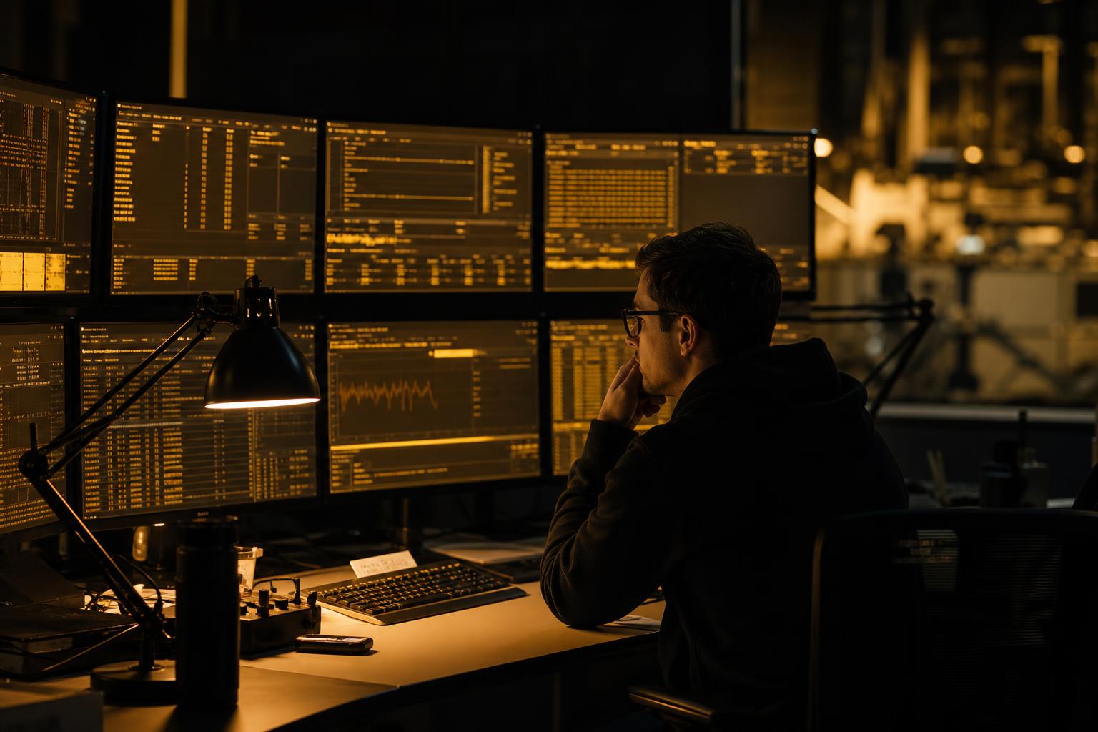 A researcher at a dim operations workstation reviewing prompt-injection findings across multiple amber-lit monitors