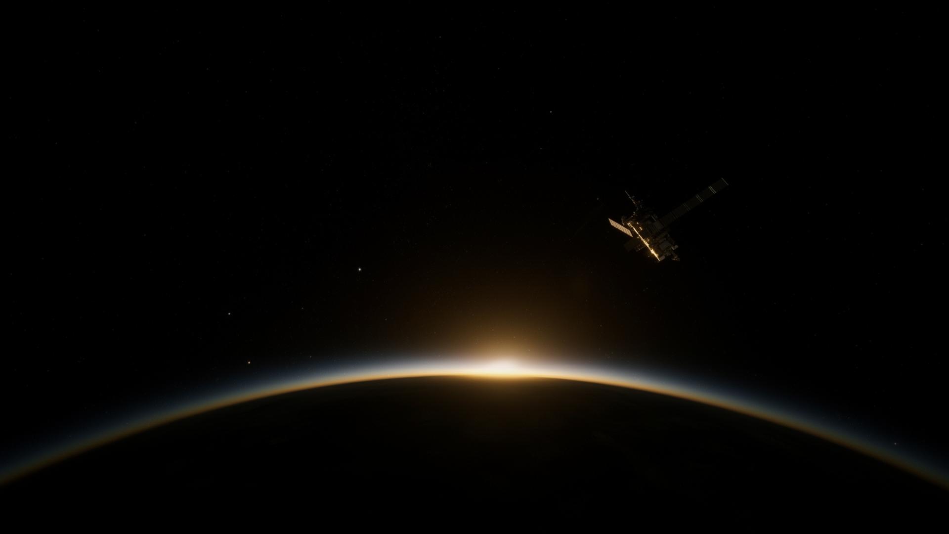 Earth's curved horizon at sunrise with a single satellite in orbit