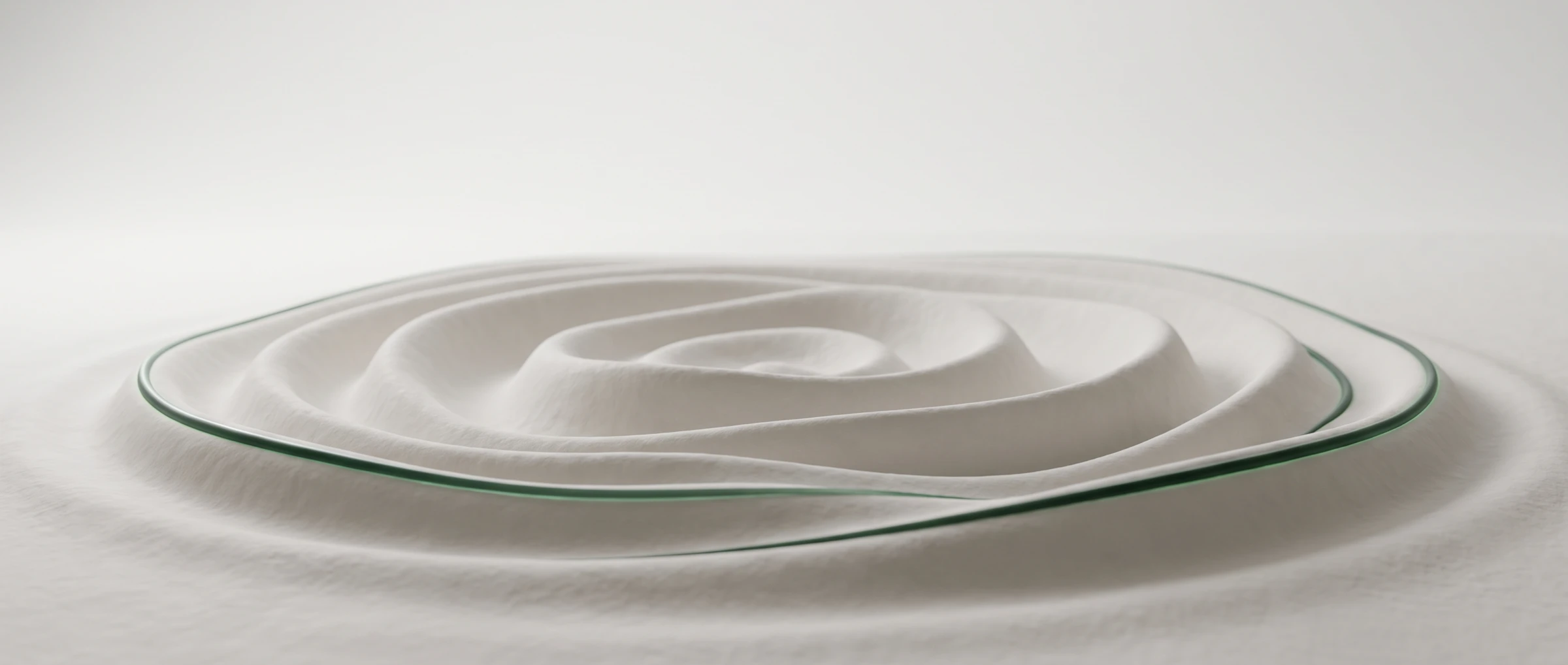 Abstract 3D render of concentric wave rings in relief across a pale terrain surface.