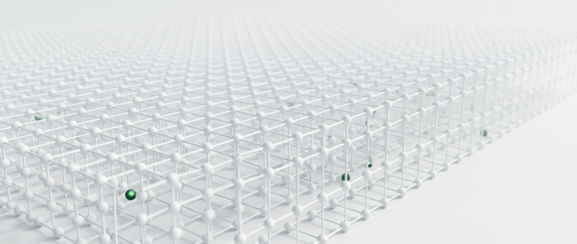 Abstract 3D render of a node-and-rod lattice receding into pale haze.