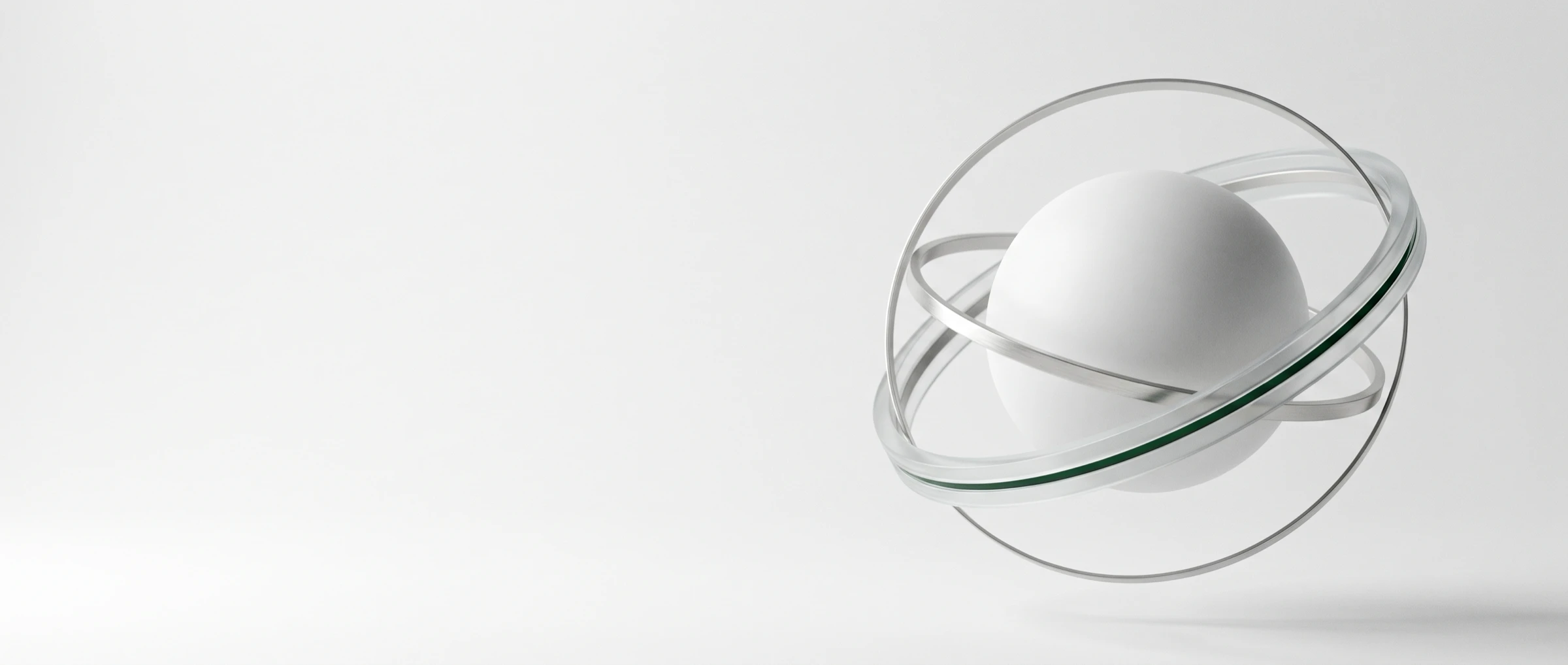 Abstract 3D render of a matte sphere encircled by intersecting metal and glass orbital rings.